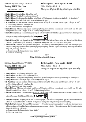 Đề thi học kì I - Năm học 2014 - 2015 Môn Vật lý Khối 10 Thời gian 45 phút (không kể thời gian phát đề)